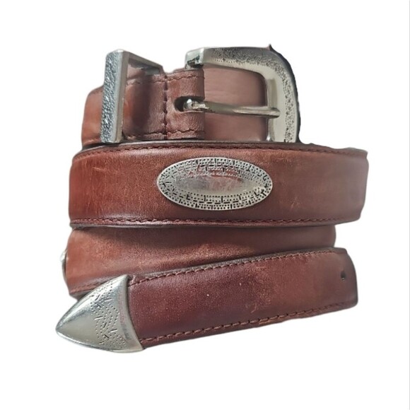Top Grain Genuine Leather Belt Western Style Brown Silver Buckle Sz 40 Rodeo - Picture 1 of 10